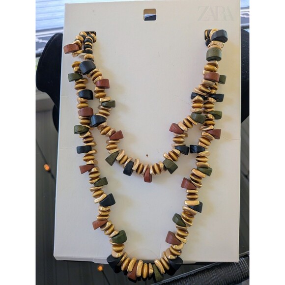 ZARA Layered Necklaces Pack Of 2 Beaded Wooden Blue Brown Gold Maximalist Retro - Picture 1 of 12